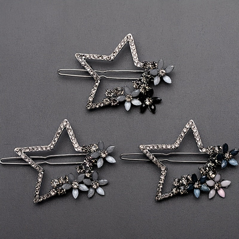 Vintage Rhinestone Star Flower Hair Clip Y2K Barrette Hairpin