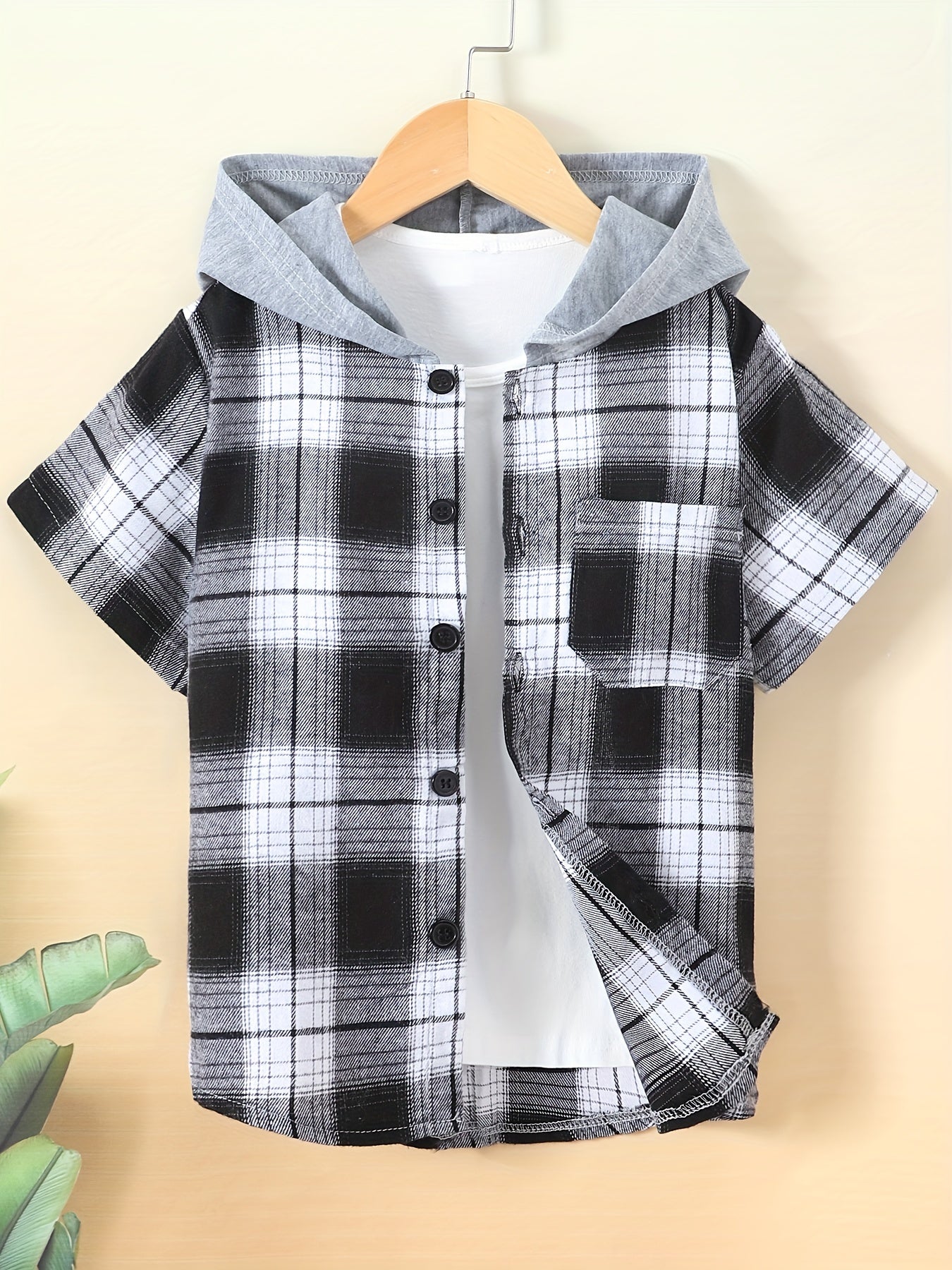Toddler Boys Plaid Hoodie Shirt Short Sleeve Button Down Shirt
