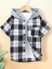 Toddler Boys Plaid Hoodie Shirt Short Sleeve Button Down Shirt