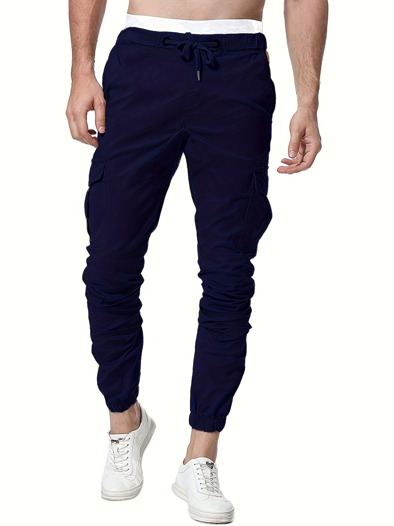 Solid Men's Drawstring Cargo Pants Flap Pocket Jogger Pants