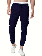 Solid Men's Drawstring Cargo Pants Flap Pocket Jogger Pants