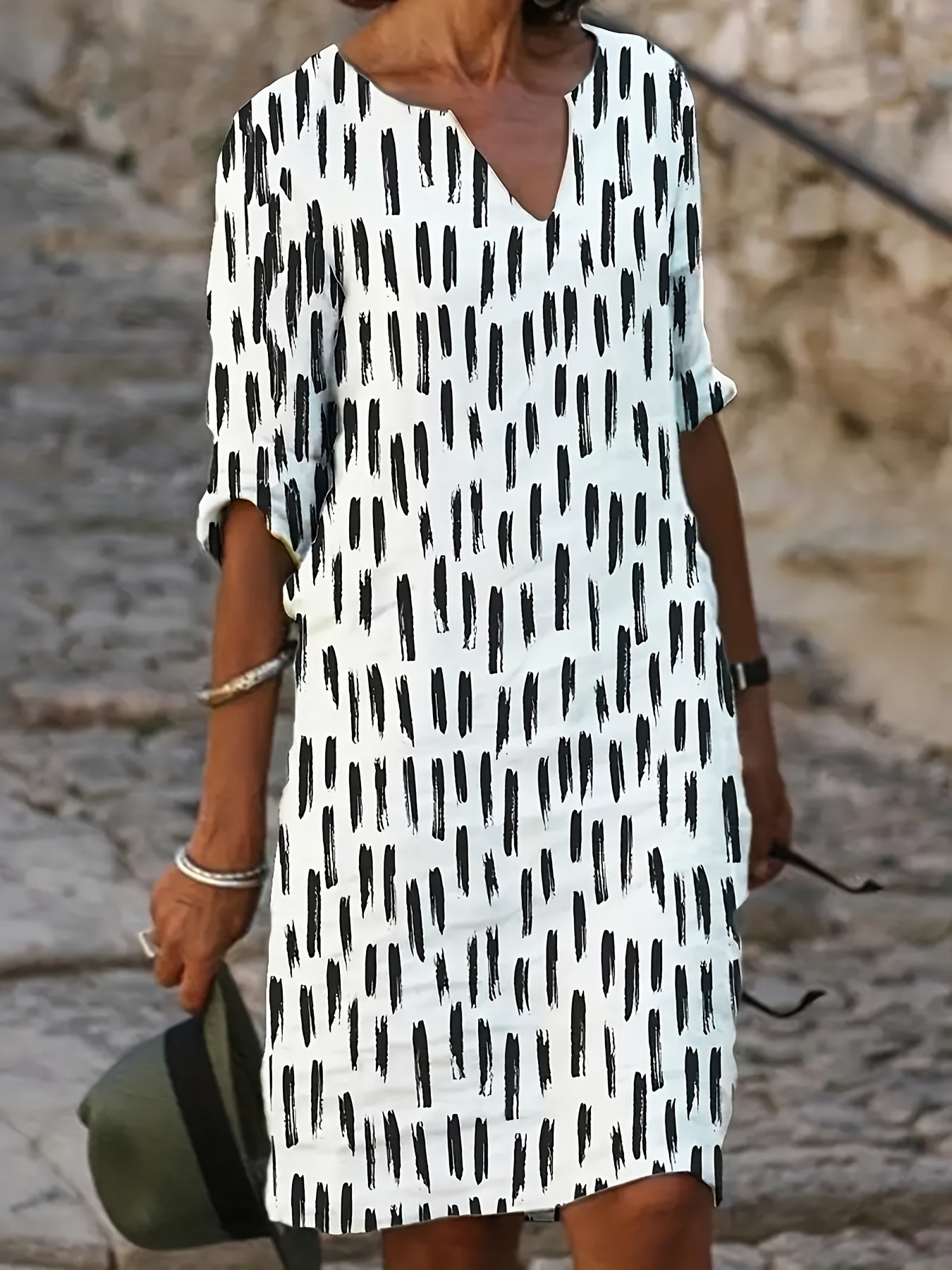 Multicolor V Neck Long Dress Mature Loose Sleeve Waist Dress