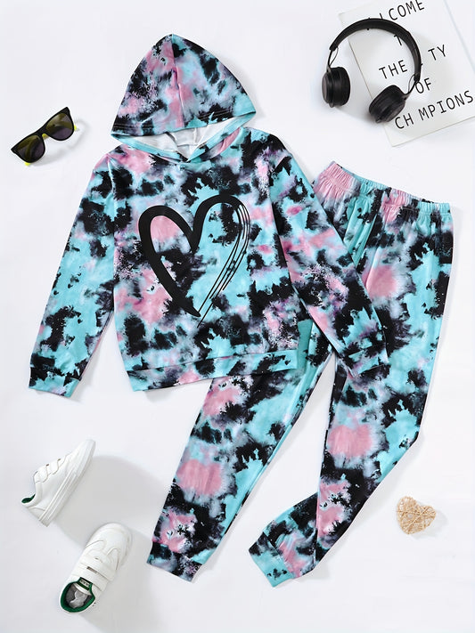 Girl's Tie Dye 2pcs Hoodie & Sweatpants Set Love Heart Print Top