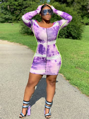  Tie Dye Piping Long Sleeve Round Neck Mini Dress