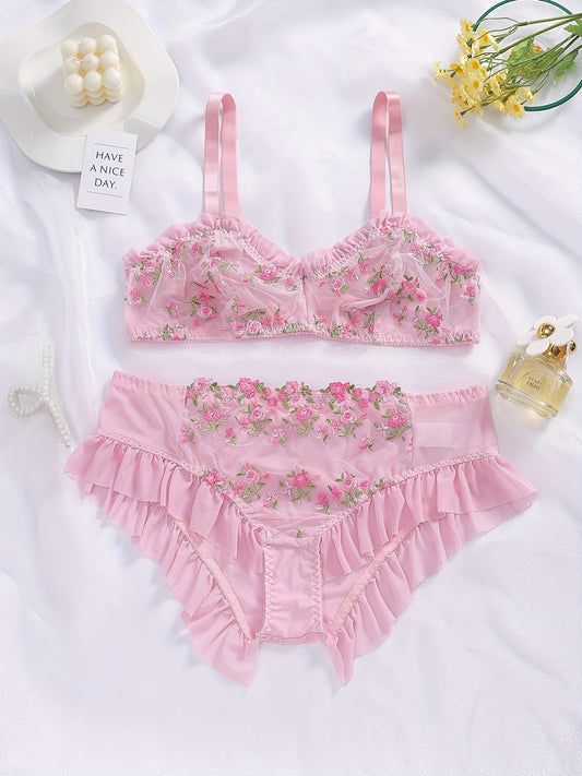 Floral Embroidered Mesh Ruffle Trim Bra & Underwear Set