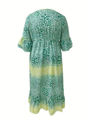  Colorblock Leopard Print Bell Sleeve V Neck Maxi Dress