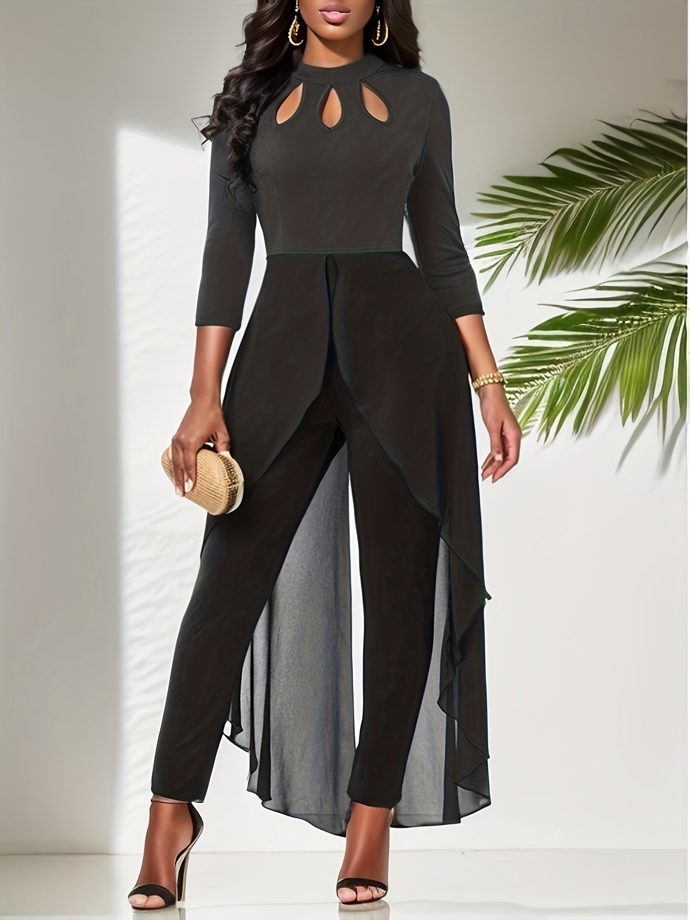 Solid Crew Neck Cut Out Jumpsuit Casual Long Sleeve Waist Splicing Jumpsuit
