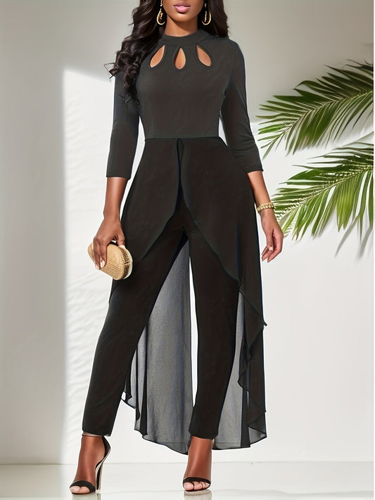 Solid Crew Neck Cut Out Jumpsuit Casual Long Sleeve Waist Splicing Jumpsuit