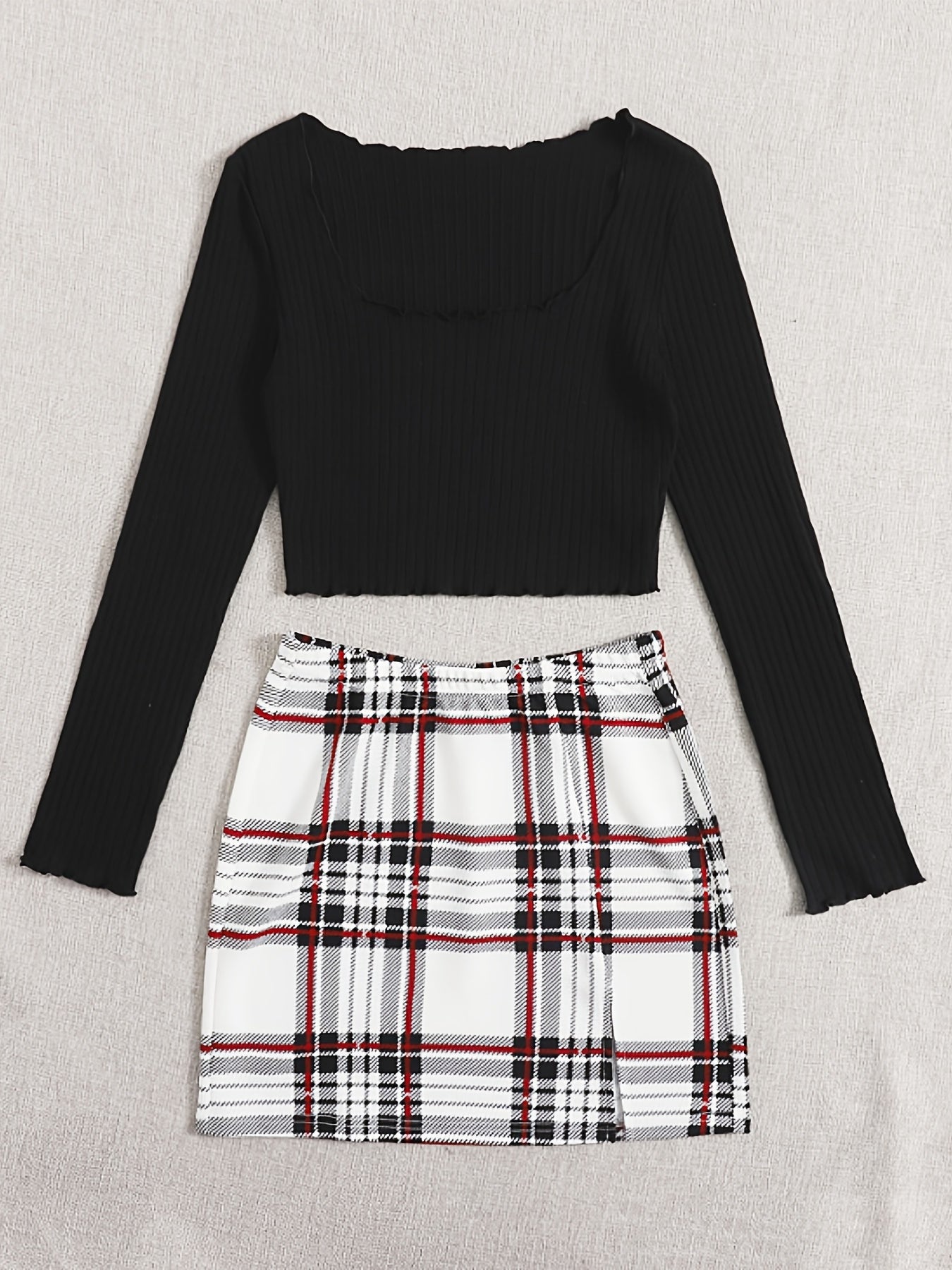 Women's Two Piece Set Square Neck Crop Top & Plaid High Waist Mini Skirt