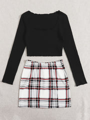 Women's Two Piece Set Square Neck Crop Top & Plaid High Waist Mini Skirt