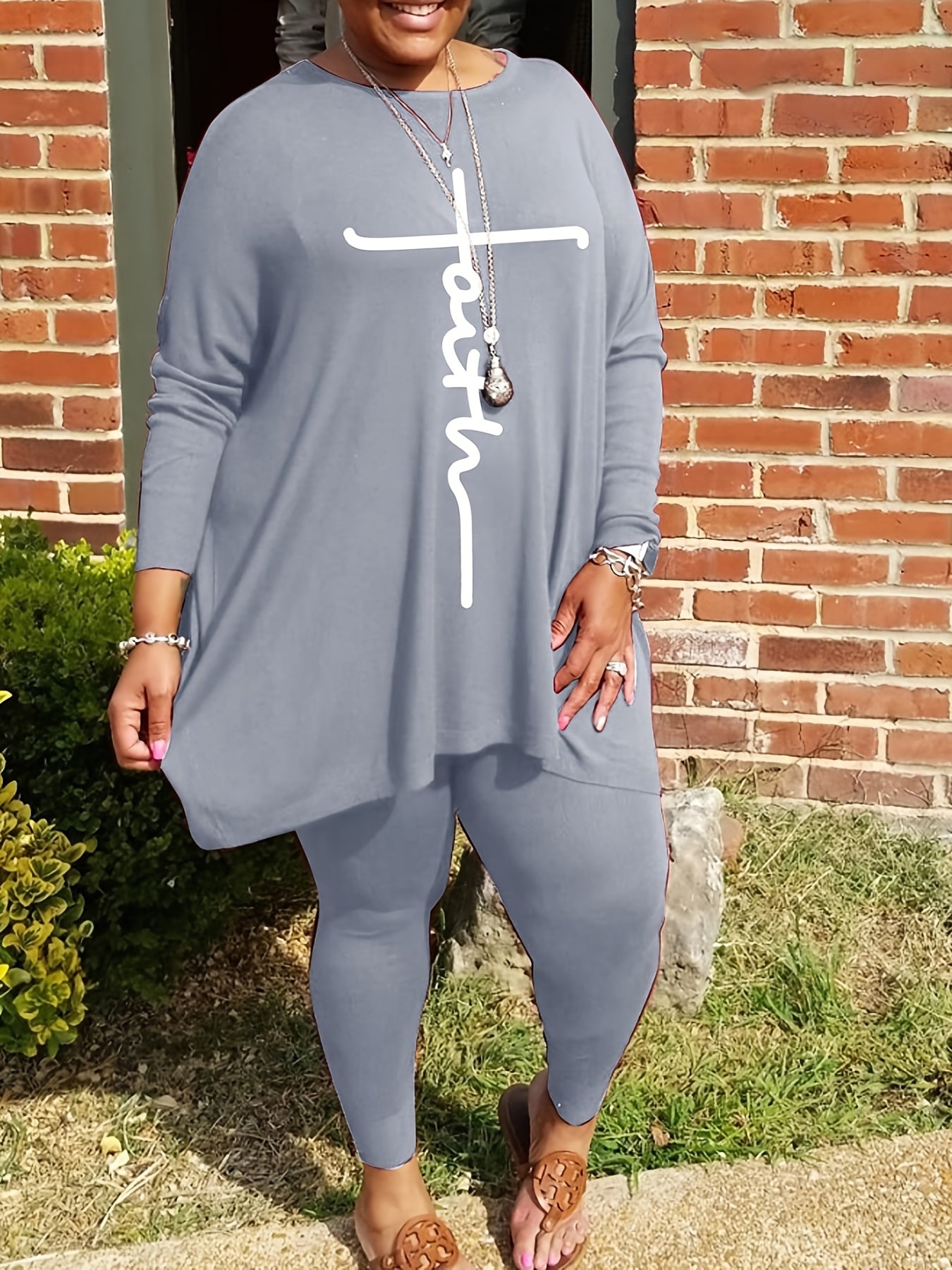  Letter Print Long Sleeve Shirt & Leggings Set
