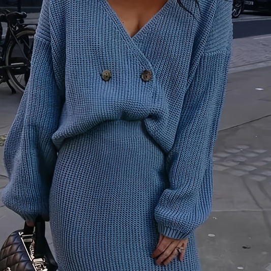  Solid Button Up Sweater & Skirt Set