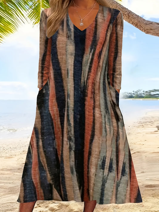  Brush Print Long Sleeve Maxi Dress With Pockets