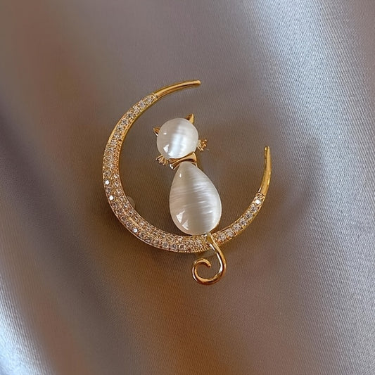 Cat Brooches Crystal Moon Stone Animal Pin