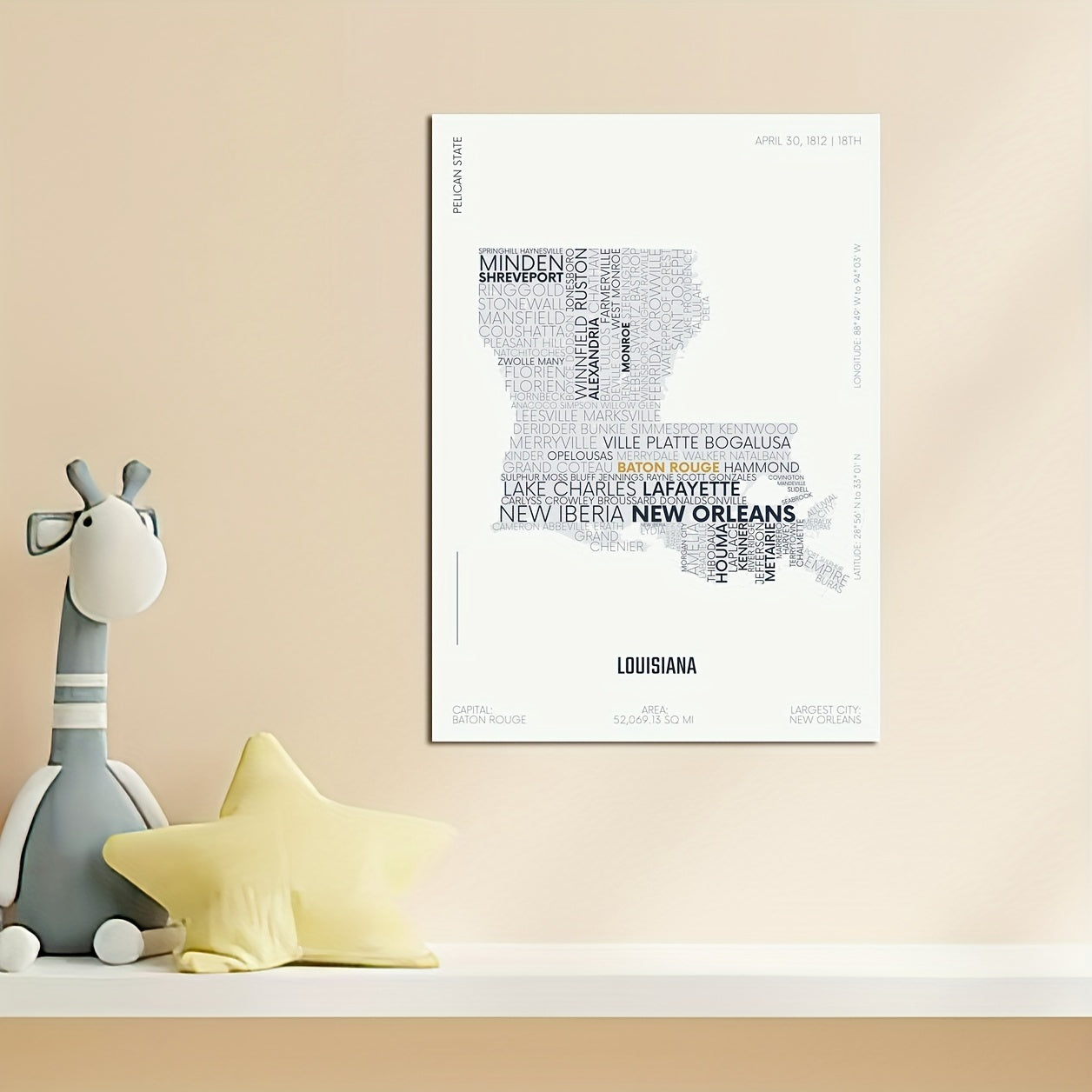 Louisiana State Map Sticker Modern Typography Art Waterproof Removable A5