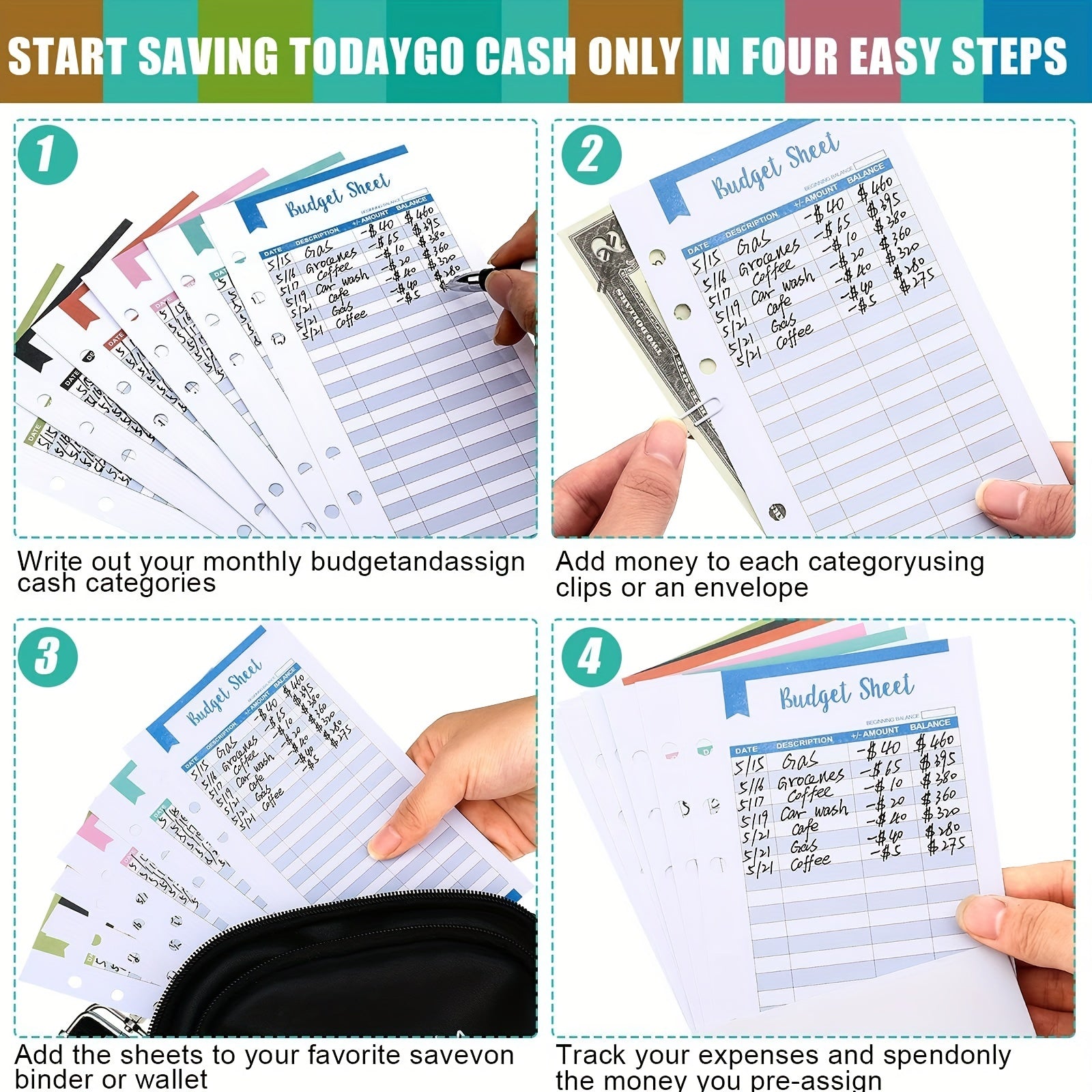 60pcs Budget Sheets 6 Rings Binder Expense Tracker Cash Envelope Planner