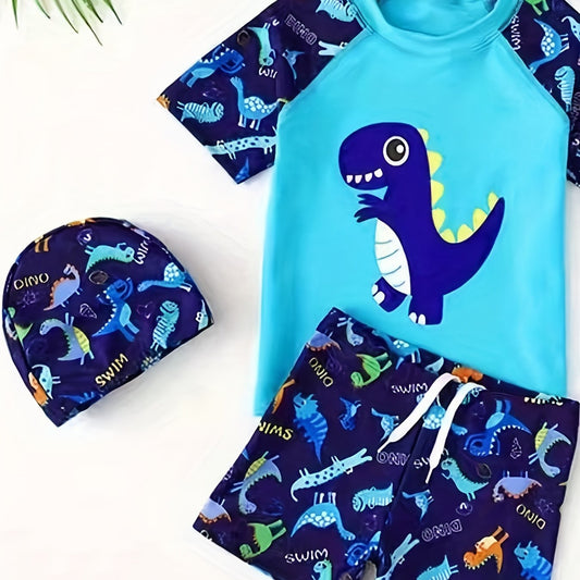 Boy's Dinosaur Swimsuit Set T-shirt, Cap, Trunks - Beach Vacation