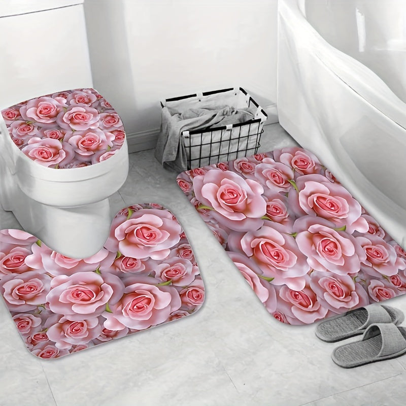 Flower Pattern Shower Curtain & Rug Set w/ 12 Hooks - Bathroom Decor