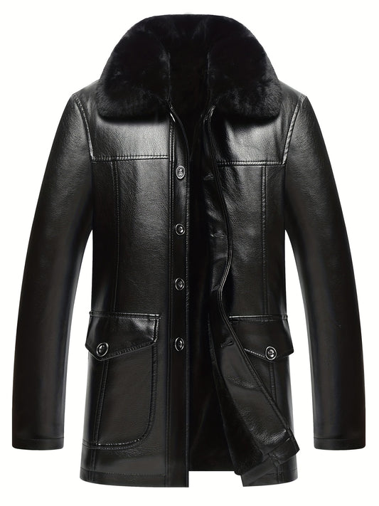 Men's Fleece PU Jacket Fur Collar Button Up Leather Jacket