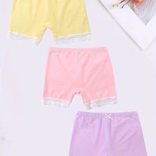 3pcs Girl's Cotton Boyshorts Lace Trim Elastic Waist Shorts