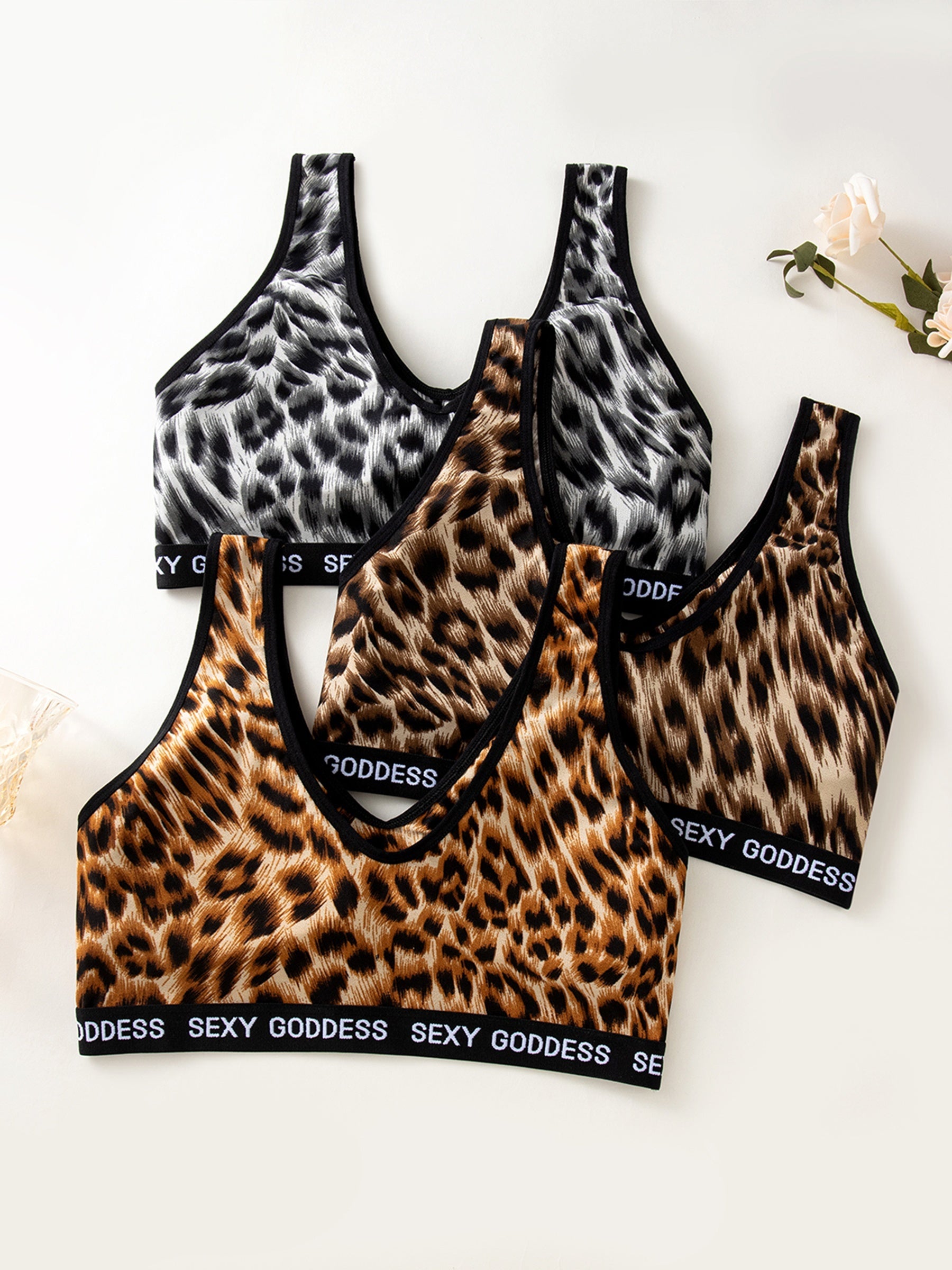 3pcs Leopard Wireless Bras Comfy Letter Print Bra Women's Lingerie