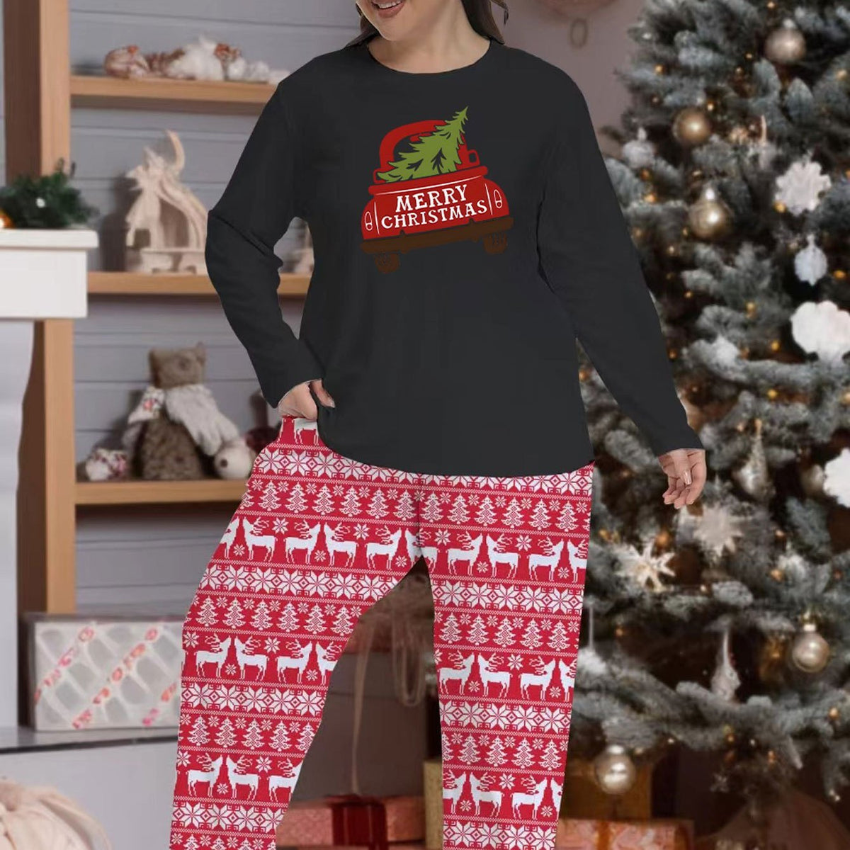  Christmas Pajamas Set Women's Plus Christmas Tree & Car Print L