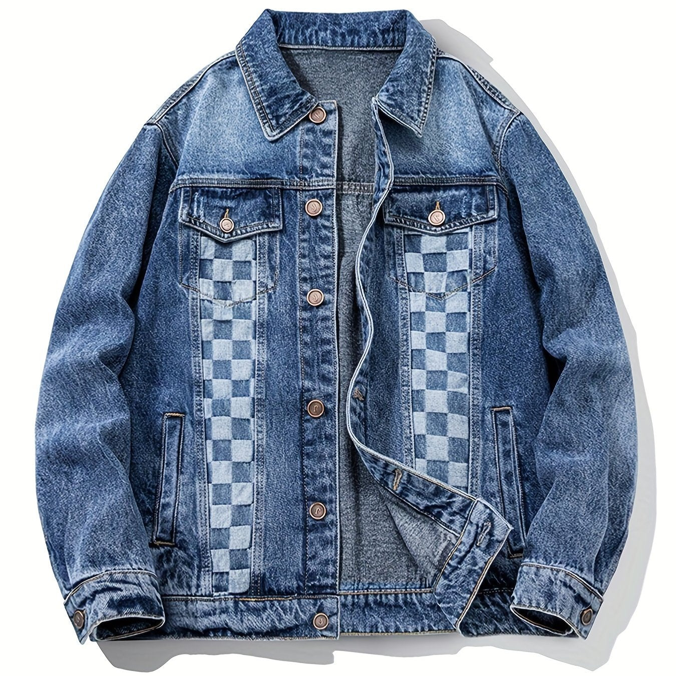 Plaid Pattern Denim Jacket Men's Casual Street Style Button Up Jacket