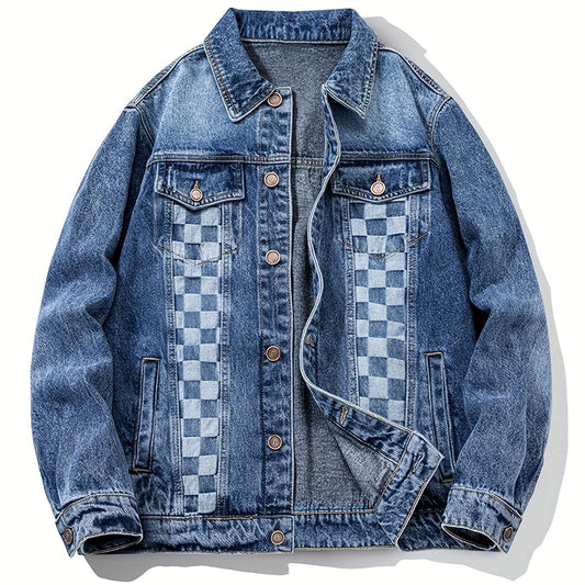 Plaid Pattern Denim Jacket Men's Casual Street Style Button Up Jacket