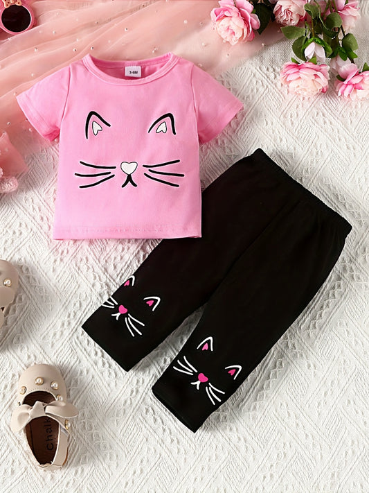 2pcs Baby Girls Cat Print T shirt & Pants Set