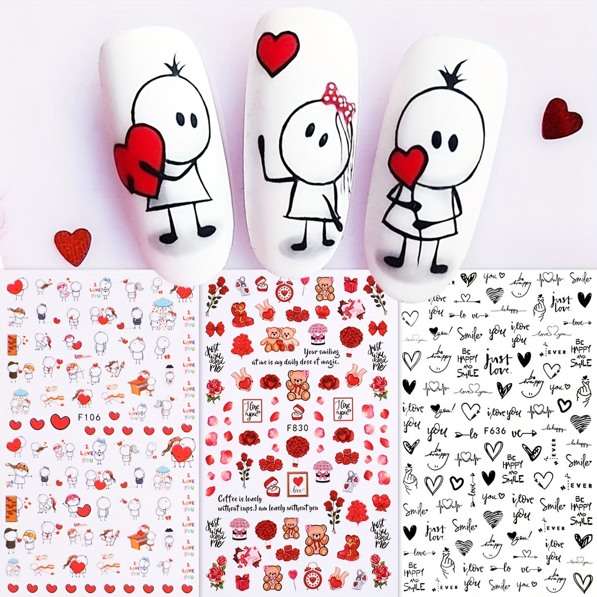 6 Sheets Heart Nail Art Stickers Self Adhesive Cartoon Decals