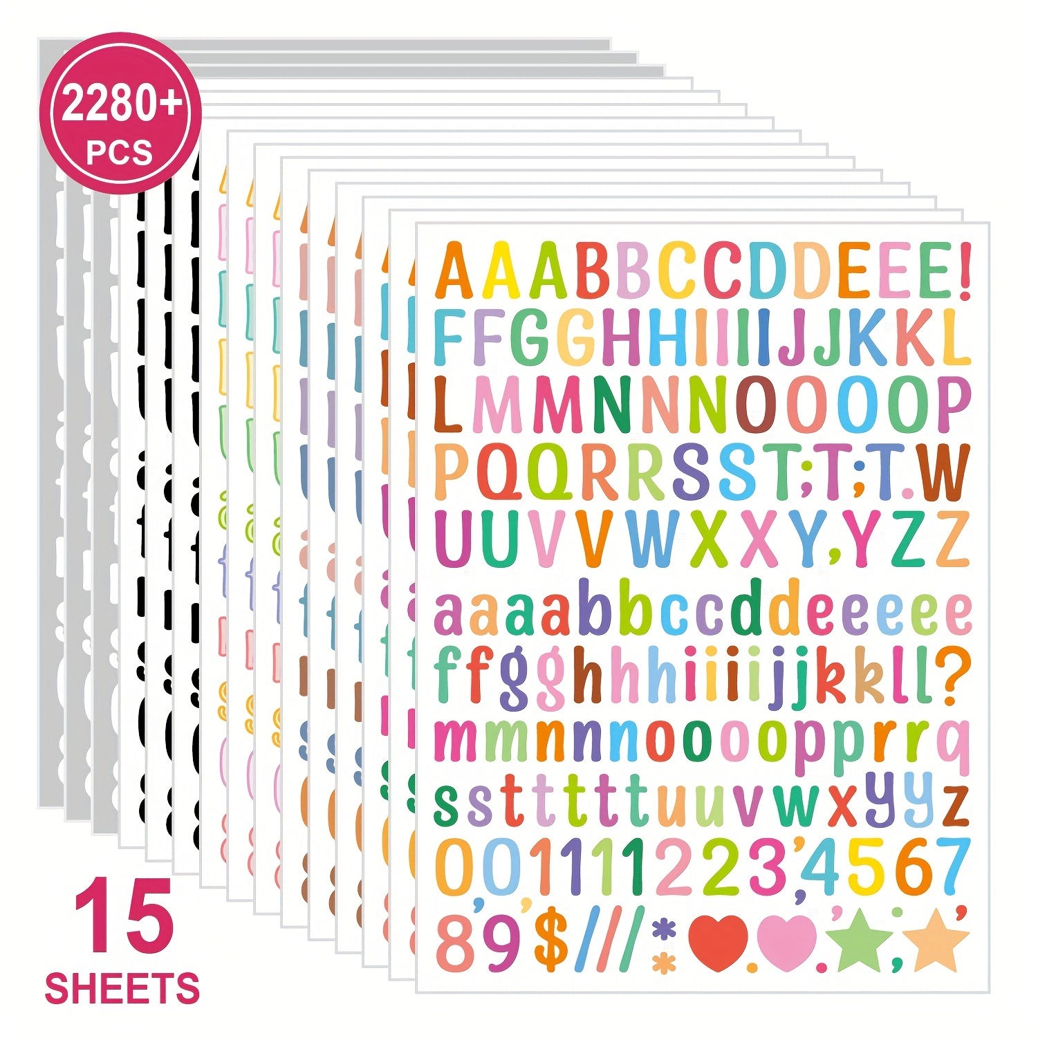 15 Sheets 2280 Count Reusable Multicolor Letters & Numbers Stickers