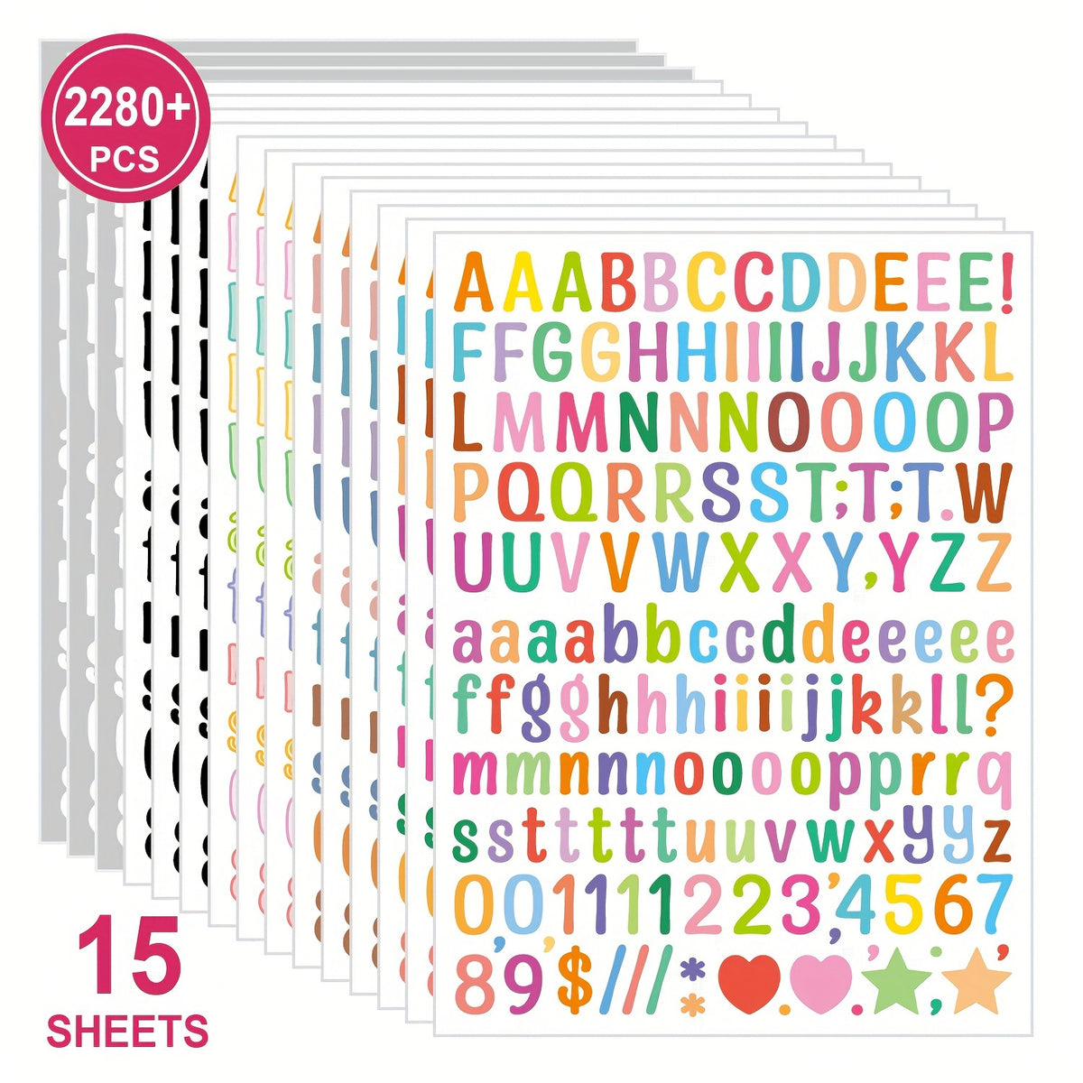 15 Sheets 2280 Count Reusable Multicolor Letters & Numbers Stickers
