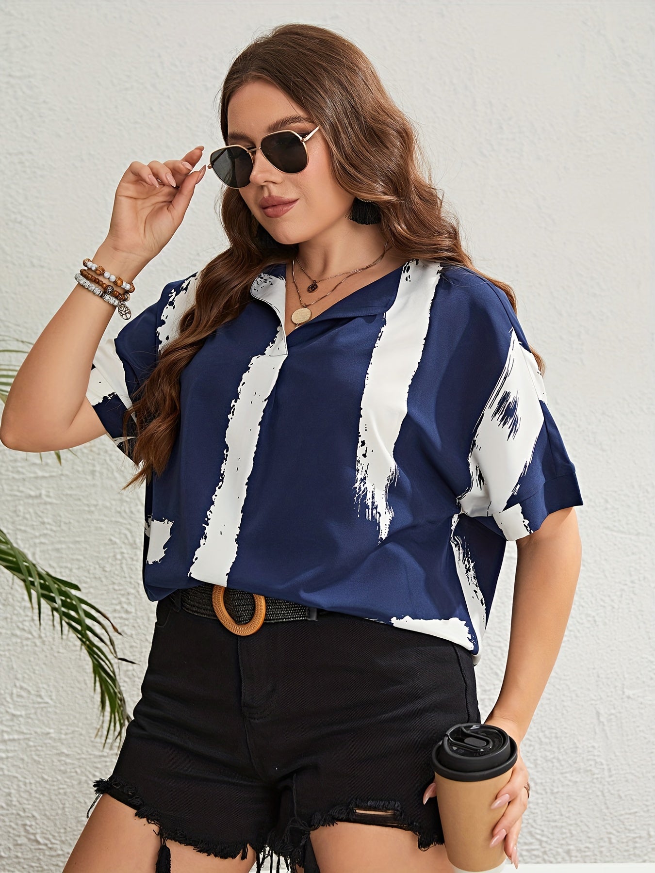  Stripe Print V Neck T-shirt