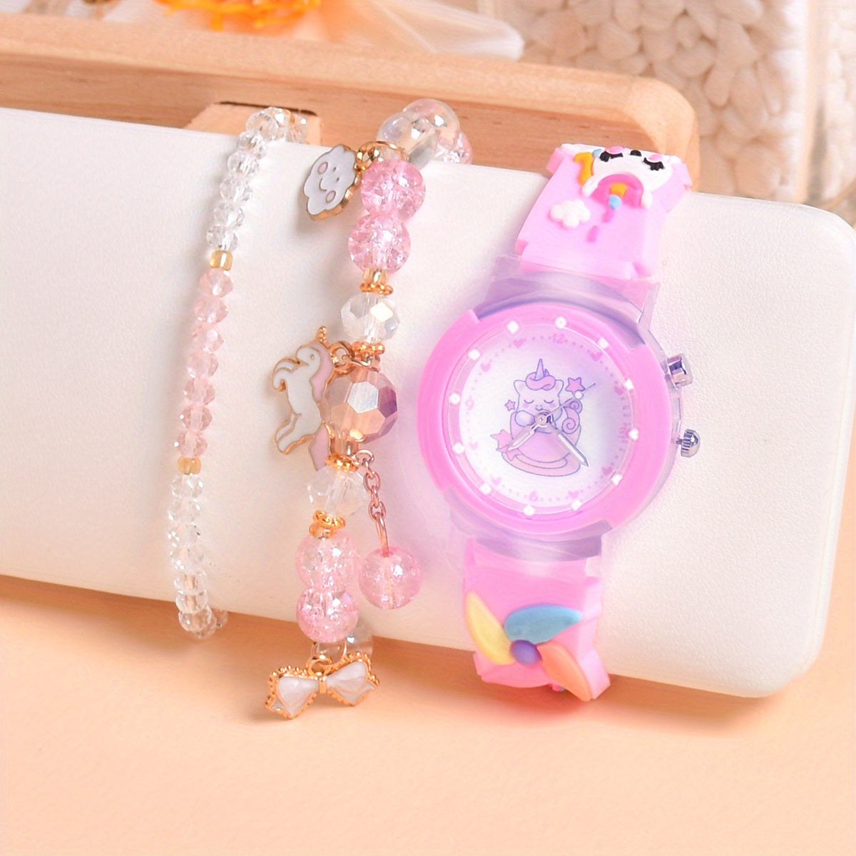 Cute Pony Quartz Watch for Girls with LED Light & Beaded Bracelet Set