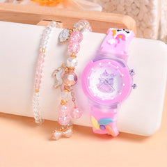 Cute Pony Quartz Watch for Girls with LED Light & Beaded Bracelet Set
