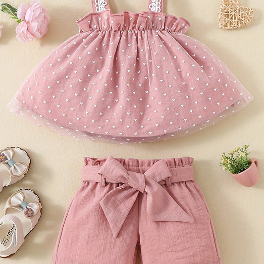 2pcs Baby Girls Heart Print Camisole Top & Shorts Set