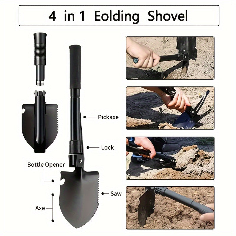 4-In-1 Stainless Steel Folding Survival Shovel for Camping Hiking