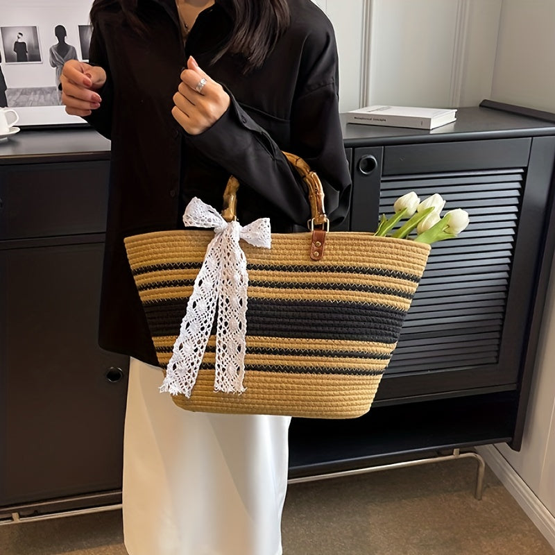 Straw Large Capacity Handbag with Lace Ribbon - Beach Bag
