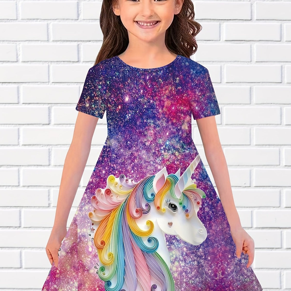 Girls 3D Unicorn Crew Neck Dress Girls Comfy Dresses