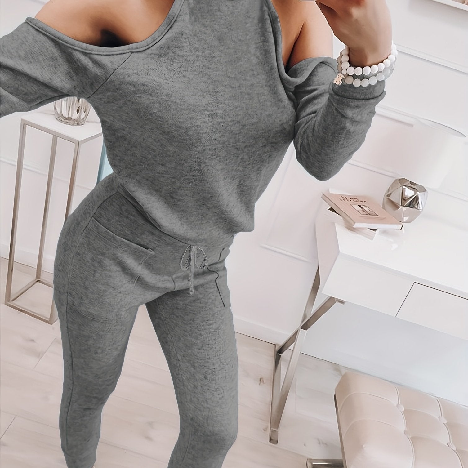 Cold Shoulder Long Sleeve Top & Drawstring Pants Set