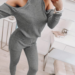 Cold Shoulder Long Sleeve Top & Drawstring Pants Set