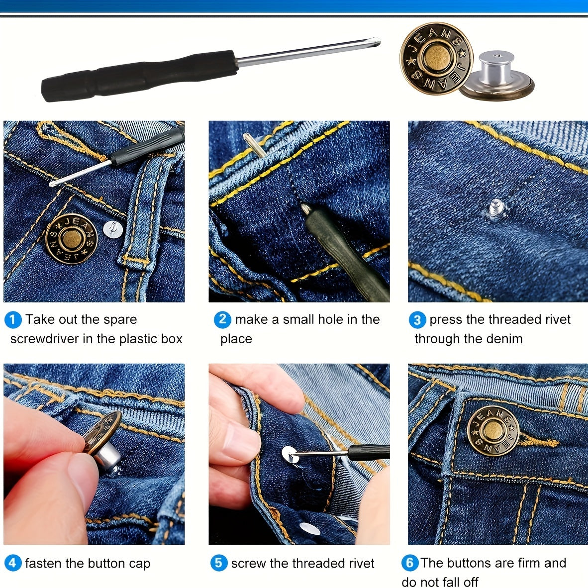 10pcs No Sewing Metal Jeans Buttons Kit 17mm Nailless Removable Jean Buttons