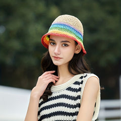 Y2K Hollow Crochet Bucket Hat Gradient Boho Straw Cloche Hats Women