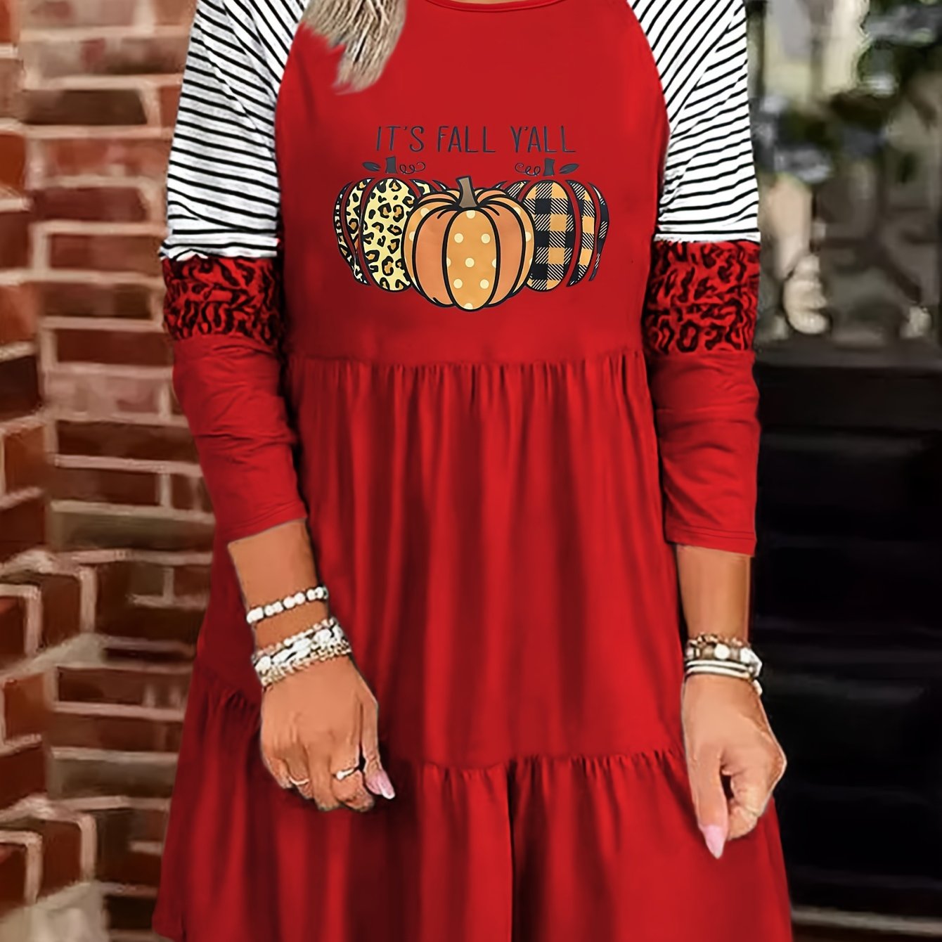 Plus Pumpkin & Slogan Print Raglan Sleeve Round Neck Smock Dress