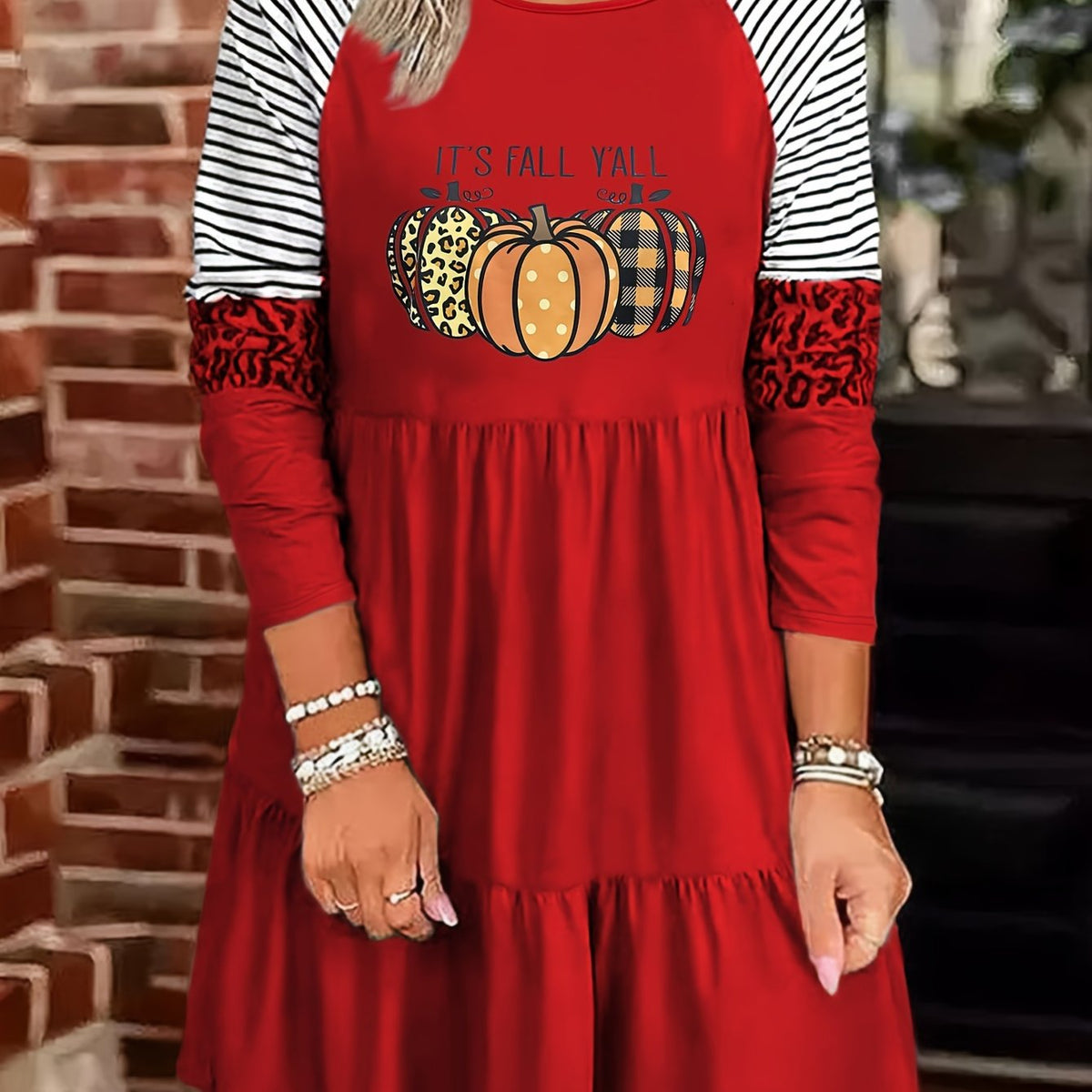 Plus Pumpkin & Slogan Print Raglan Sleeve Round Neck Smock Dress