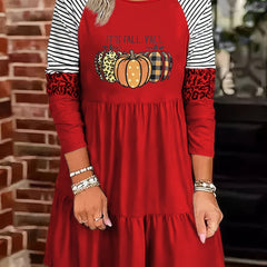 Plus Pumpkin & Slogan Print Raglan Sleeve Round Neck Smock Dress