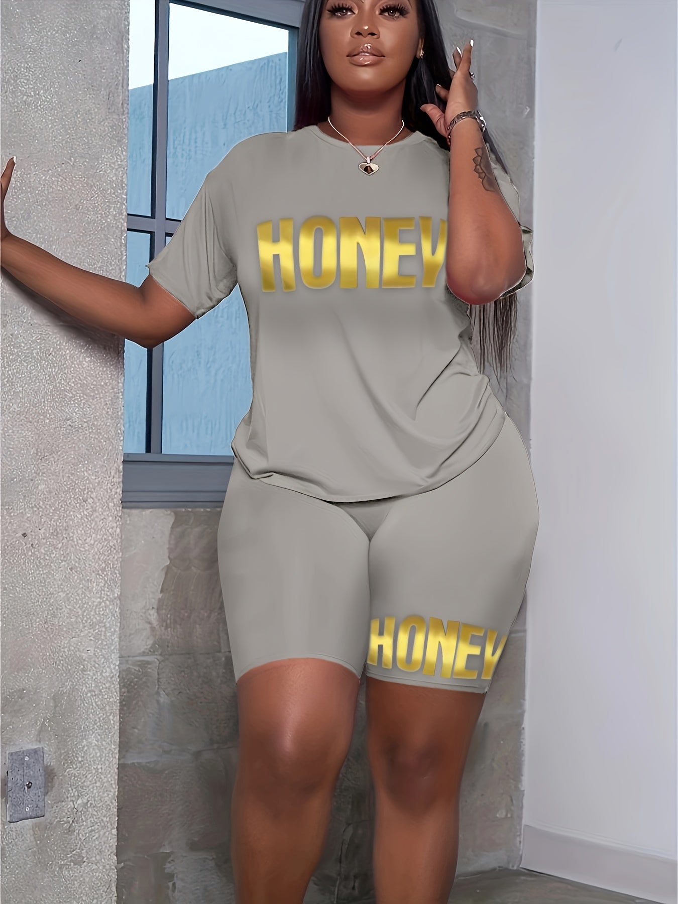  Letter Print Short Tee & Shorts 2 Piece Fitness Set