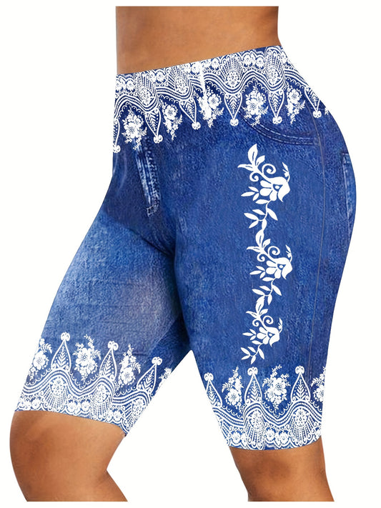  Denim & Floral Print Slim Fit Sporty Shorts
