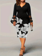  Floral Print Mesh Bell Sleeve V Neck Midi Dress
