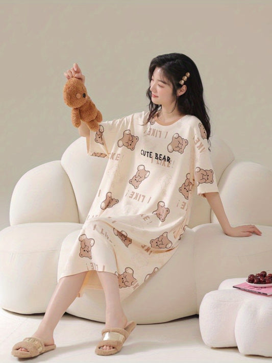 Cute Bear Print Nightdress Short Sleeve Crew Neck Sleep Dress